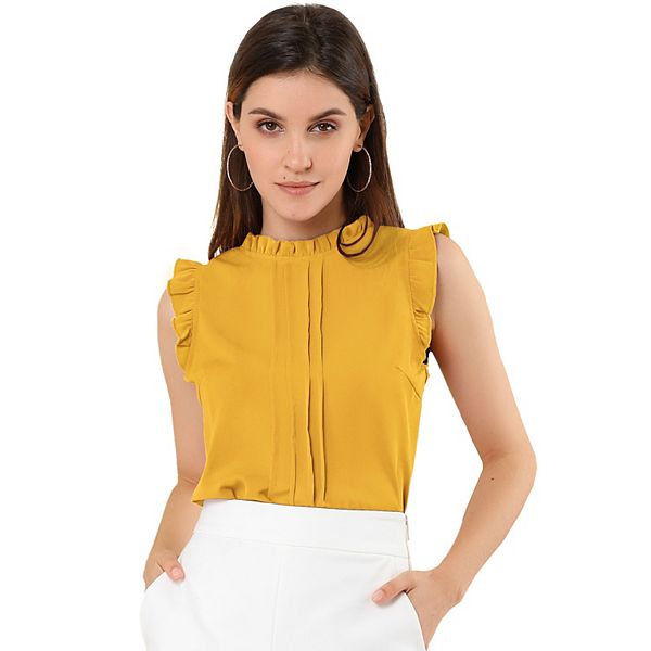 Women's Ruffled Crew Neck Sleeveless Pleated Blouse Tops