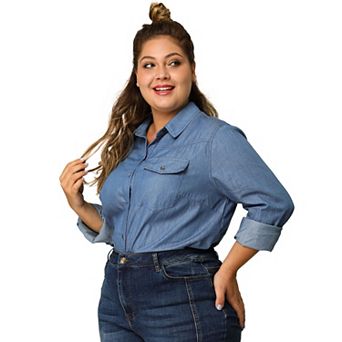 Women's Plus Size Spring Long Sleeve Denim Button Shirt