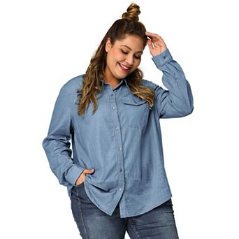 Women's Plus Size Spring Long Sleeve Denim Button Shirt
