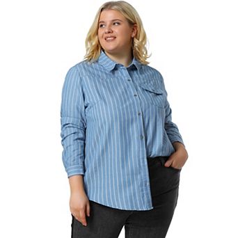 Women's Plus Size Spring Long Sleeve Denim Button Shirt