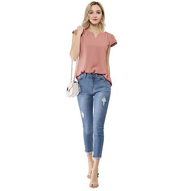 Women's V Neck Work Casual Cap Sleeve Blouse Top