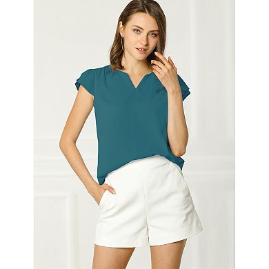 Women's V Neck Work Casual Cap Sleeve Blouse Top