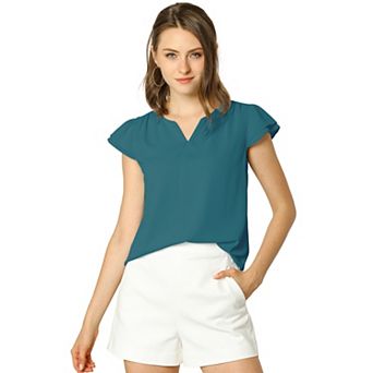 Women's V Neck Work Casual Cap Sleeve Blouse Top