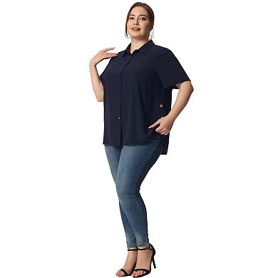 Women's Plus Size Button Front Side Slit Roll Up Sleeve Shirts