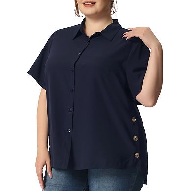 Women's Plus Size Button Front Side Slit Roll Up Sleeve Shirts