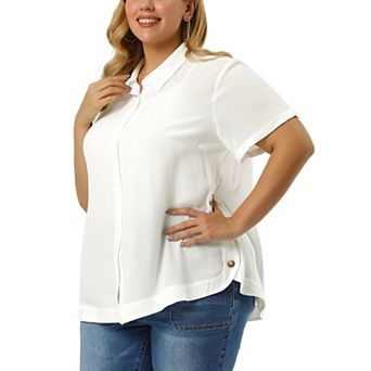 Women's Plus Size Button Front Side Slit Roll Up Sleeve Shirts