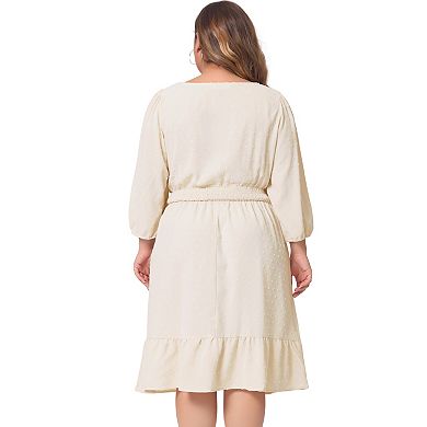 Women's Plus Size Smock Waist Swiss Dots 3/4 Sleeves Midi Dress