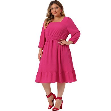 Women's Plus Size Smock Waist Swiss Dots 3/4 Sleeves Midi Dress