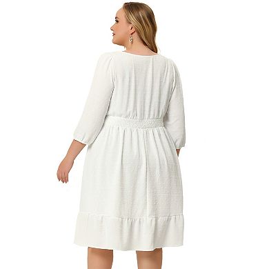 Women's Plus Size Smock Waist Swiss Dots 3/4 Sleeves Midi Dress