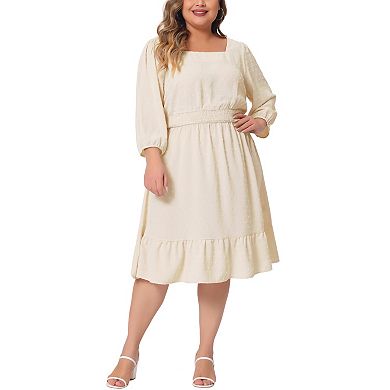 Women's Plus Size Smock Waist Swiss Dots 3/4 Sleeves Midi Dress