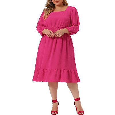 Agnes Orinda Women's Plus Size Square Neck Swiss Dots Wedding Empire Waist Ruffle Hem Chiffon Midi Dresses Hot Pink 4X