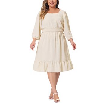 Women's Plus Size Smock Waist Swiss Dots 3/4 Sleeves Midi Dress