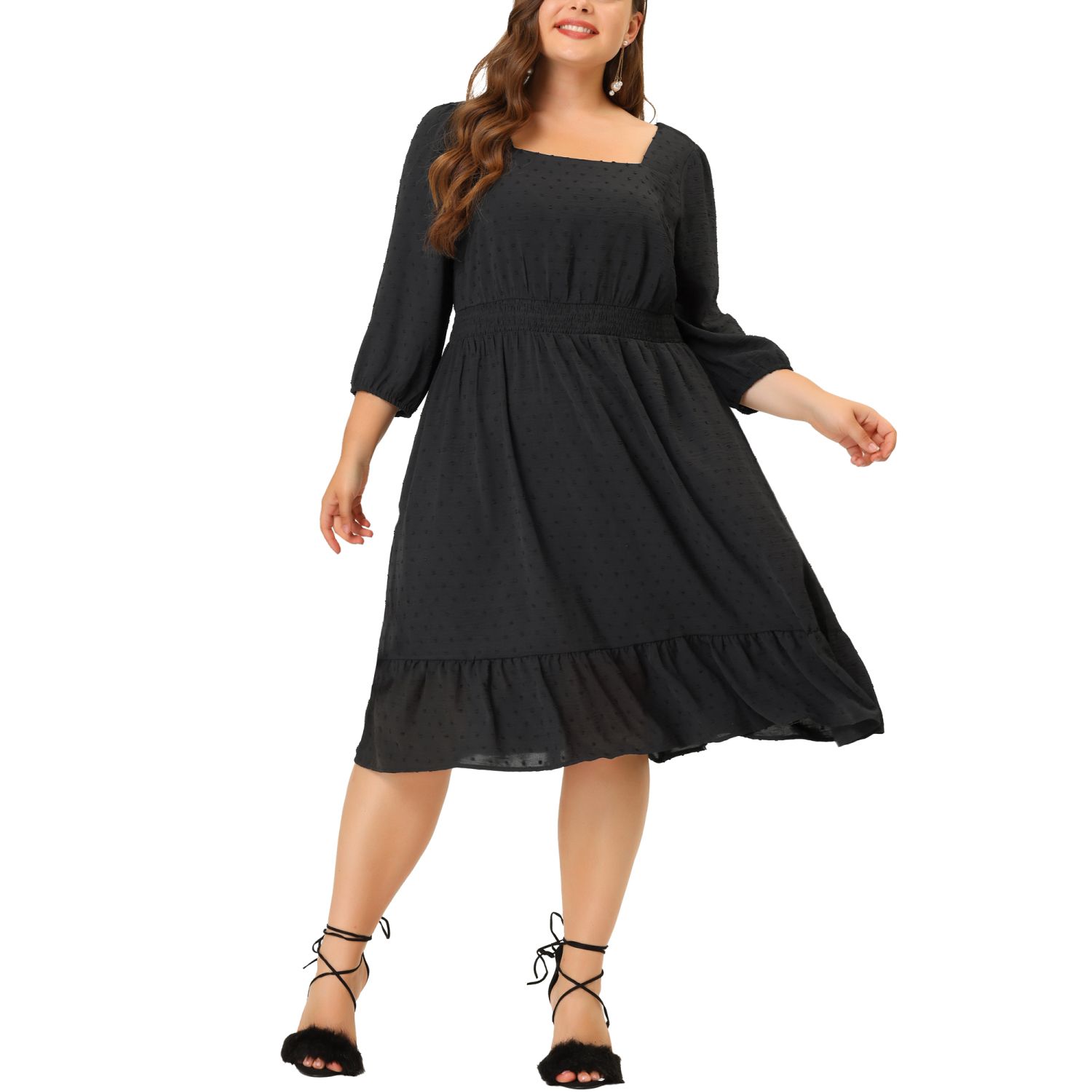 Женские платья Smock Plus Size Smock Waist Swiss Dots 3/4 Sleeves Midi Dress