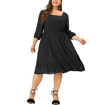 Women's Plus Size Smock Waist Swiss Dots 3/4 Sleeves Midi Dress