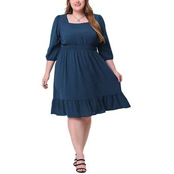 Women's Plus Size Smock Waist Swiss Dots 3/4 Sleeves Midi Dress