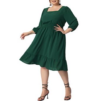 Women's Plus Size Smock Waist Swiss Dots 3/4 Sleeves Midi Dress