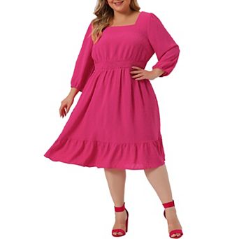 Women's Plus Size Smock Waist Swiss Dots 3/4 Sleeves Midi Dress