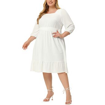 Women's Plus Size Smock Waist Swiss Dots 3/4 Sleeves Midi Dress