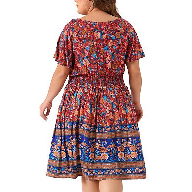 Women's Plus Size Holiday Floral Boho Smock Midi Dress