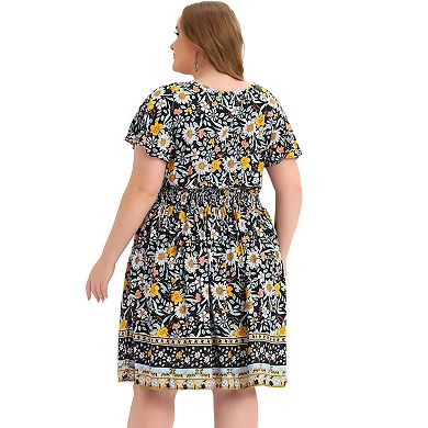 Women's Plus Size Holiday Floral Boho Smock Midi Dress
