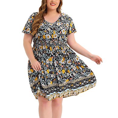 Women's Plus Size Holiday Floral Boho Smock Midi Dress