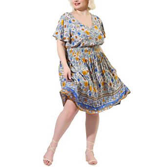 Women's Plus Size Holiday Floral Boho Smock Midi Dress
