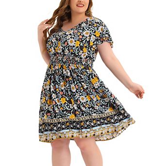 Women's Plus Size Holiday Floral Boho Smock Midi Dress