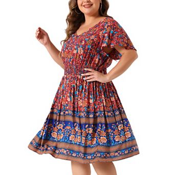 Women's Plus Size Holiday Floral Boho Smock Midi Dress
