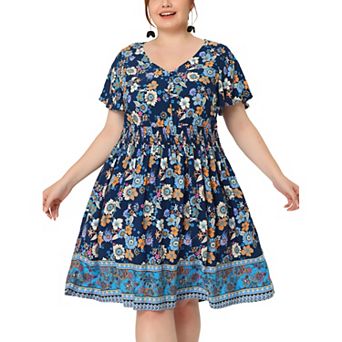 Women's Plus Size Holiday Floral Boho Smock Midi Dress
