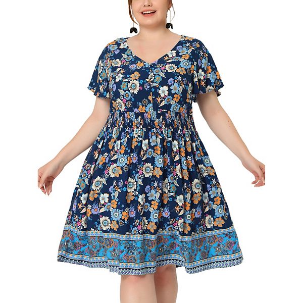 Women's Plus Size Holiday Floral Boho Smock Midi Dress