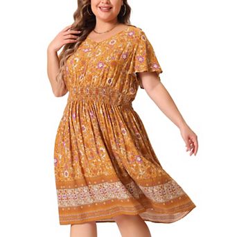 Women's Plus Size Holiday Floral Boho Smock Midi Dress