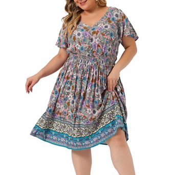 Women's Plus Size Holiday Floral Boho Smock Midi Dress