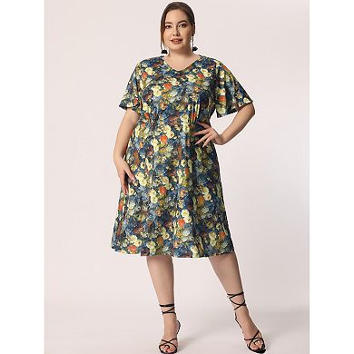 Women's Plus Size Short Sleeve Flare Midi Floral Dress