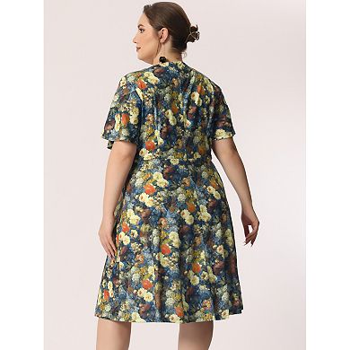 Women's Plus Size Short Sleeve Flare Midi Floral Dress