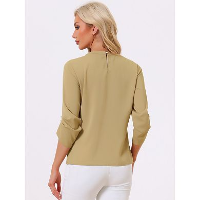Women's Work Office Keyhole Pleated Front Ruched 3/4 Sleeve Shirt Chiffon Blouse