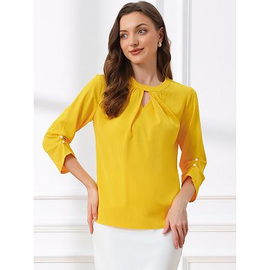 Women's Work Office Keyhole Pleated Front Ruched 3/4 Sleeve Shirt ...