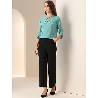 Women's Work Office Keyhole Pleated Front Ruched 3/4 Sleeve Shirt
