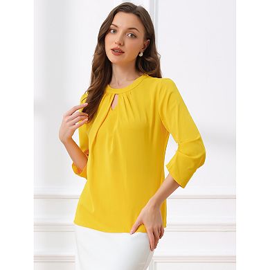 Women's Work Office Keyhole Pleated Front Ruched 3/4 Sleeve Shirt Chiffon Blouse