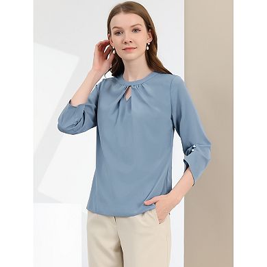 Women's Work Office Keyhole Pleated Front Ruched 3/4 Sleeve Shirt Chiffon Blouse