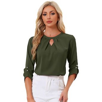 Women's Work Office Keyhole Pleated Front Ruched 3/4 Sleeve Shirt Chiffon Blouse