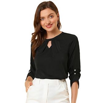Women's Work Office Keyhole Pleated Front Ruched 3/4 Sleeve Shirt Chiffon Blouse