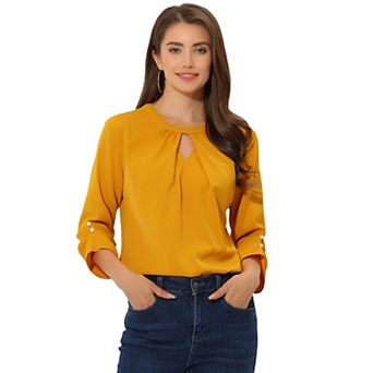 Women's Work Office Keyhole Pleated Front Ruched 3/4 Sleeve Shirt Chiffon Blouse