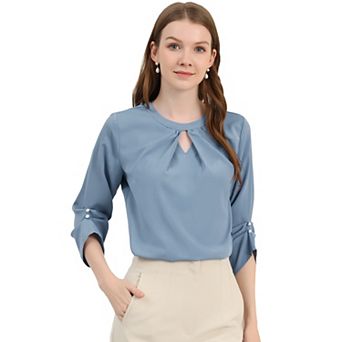 Women's Work Office Keyhole Pleated Front Ruched 3/4 Sleeve Shirt Chiffon Blouse