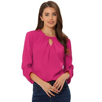 Women's Work Office Keyhole Pleated Front Ruched 3/4 Sleeve Shirt Chiffon Blouse