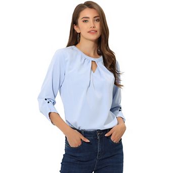 Women's Work Office Keyhole Pleated Front Ruched 3/4 Sleeve Shirt Chiffon Blouse