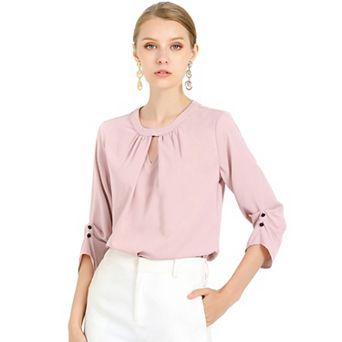 Women's Work Office Keyhole Pleated Front Ruched 3/4 Sleeve Shirt Chiffon Blouse