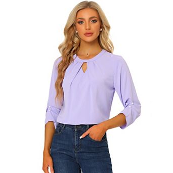 Women's Work Office Keyhole Pleated Front Ruched 3/4 Sleeve Shirt Chiffon Blouse