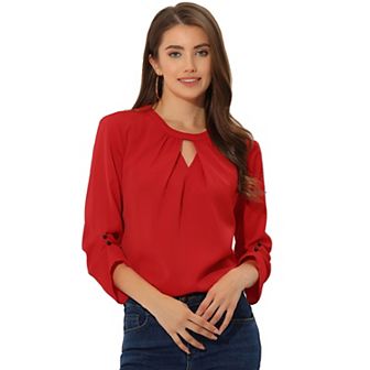 Women's Work Office Keyhole Pleated Front Ruched 3/4 Sleeve Shirt Chiffon Blouse