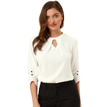 Women's Work Office Keyhole Pleated Front Ruched 3/4 Sleeve Shirt Chiffon Blouse