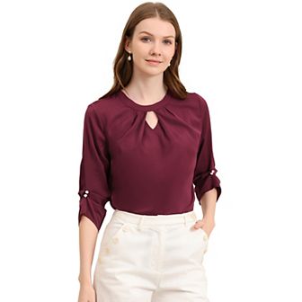 Women's Work Office Keyhole Pleated Front Ruched 3/4 Sleeve Shirt Chiffon Blouse